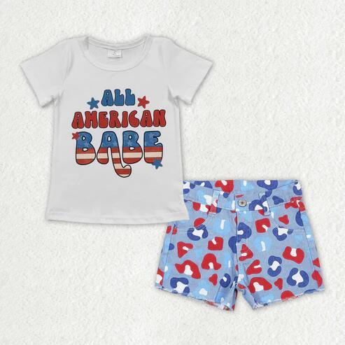 RTS NO MOQ Sibling Baby Girls 4th of July Outfit Set Top with Denim Pockets Shorts Clothing