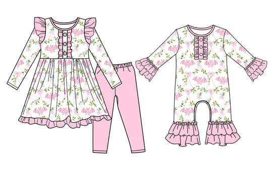25.7.2 custom each style moq 5eta 4-6week Sibling Sisters bow bat baby girl long sleeve pants sets and rompers match family design