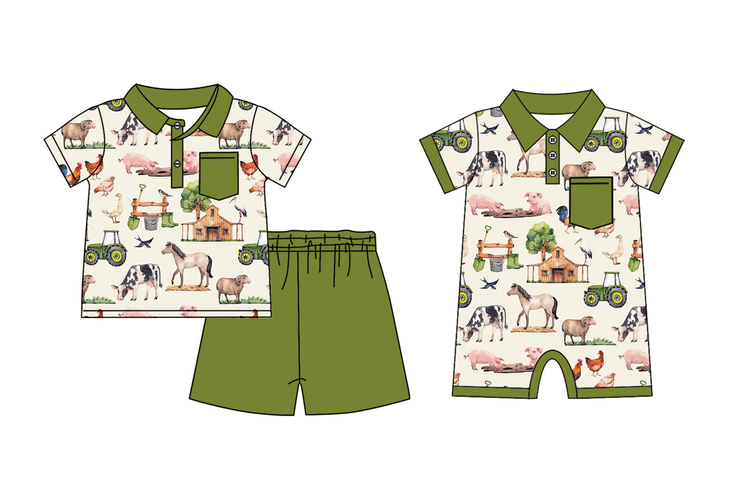 11.25 custom each style moq 5eta 4-6week Sibling Sister farm animal baby boy short sleeve shorts sets and rompers match design