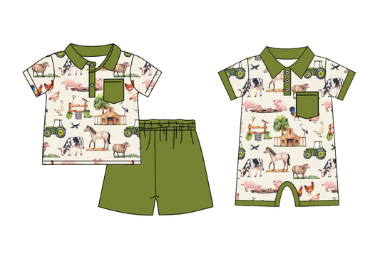 11.25 custom each style moq 5eta 4-6week Sibling Sister farm animal baby boy short sleeve shorts sets and rompers match design