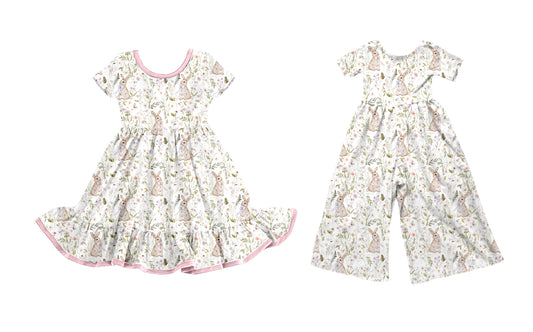 25.9.22 custom each style moq 8 eta 6-8week Sibling Sisters bunny floral baby girl long sleeve dress and jumpsuit match family design