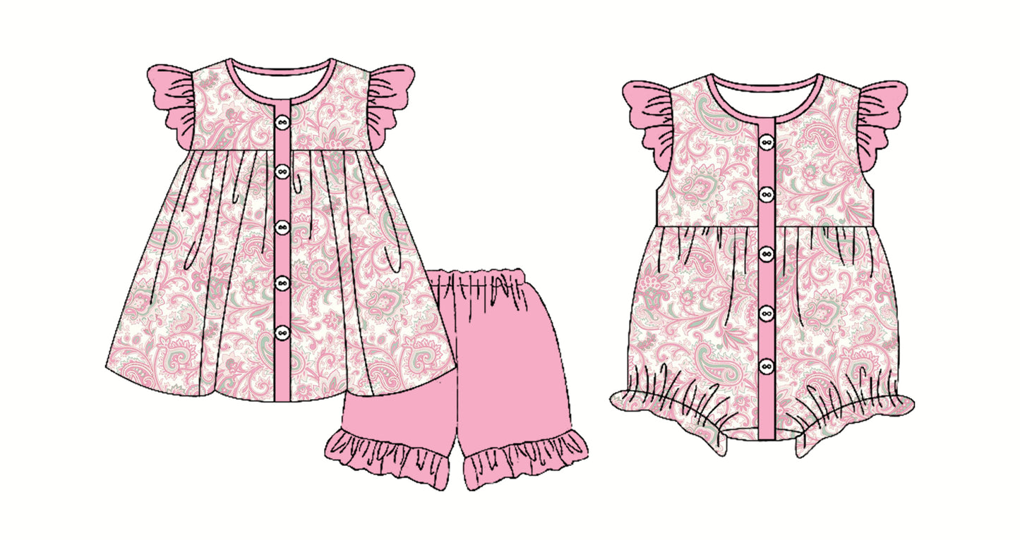 3.24 custom each style moq 5eta 4-6week Sibling Sister floral baby girl boy short sleeve shorts sets and romper match design