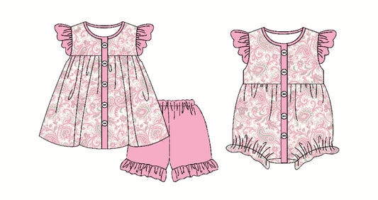 3.24 custom each style moq 5eta 4-6week Sibling Sister floral baby girl boy short sleeve shorts sets and romper match design