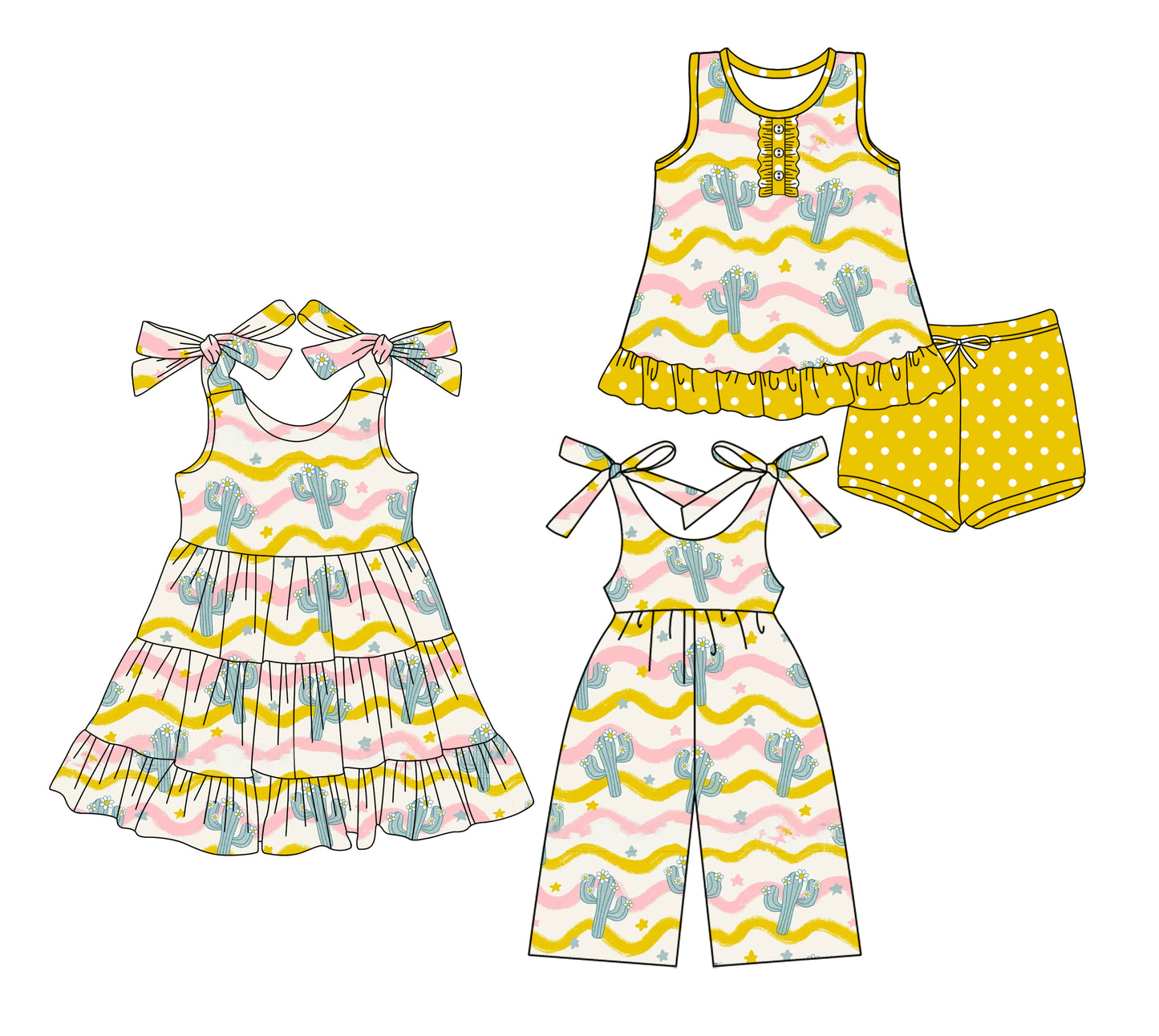 3.22 custom each style moq 5eta 4-6week Sibling Sister catcus baby girl short sleeve shorts sets and dresses and jumpsuit match design
