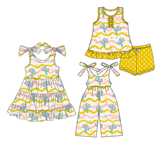 3.22 custom each style moq 5eta 4-6week Sibling Sister catcus baby girl short sleeve shorts sets and dresses and jumpsuit match design