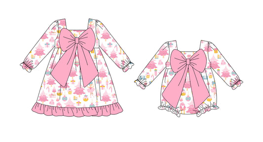 25.8.20 custom each style moq 5eta 4-6week Sibling Sisters Christmas trees baby girl long sleeve dress and rompers match family design