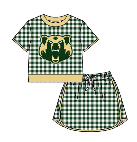 Custom moq 5 mix size milk silk summer teams Baby Girls Green Plaid Short Sleeve Top Skirt Two Piece Set