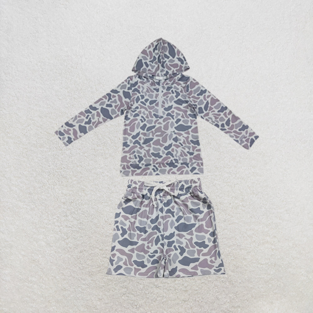 RTS NO MOQ Sibling milk silk Baby Girls Long Sleeve Grey Camo Print Hoodie Top Matching Pocket Shorts Two Piece Casual Clothes Set