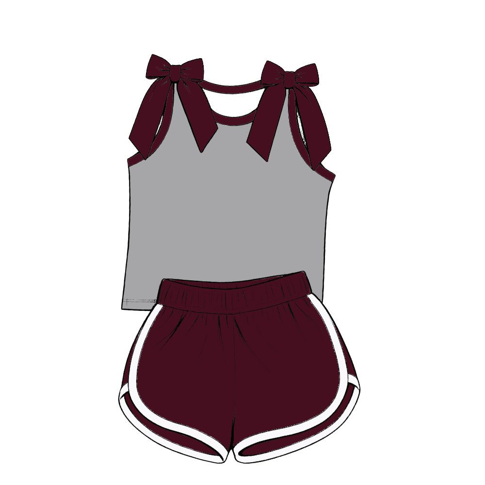 custom moq 5 mix size Baby Girls Maroon Bow Sleeveless Top Shorts Summer Casual Clothes Set