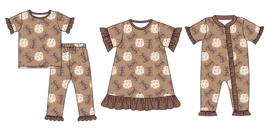 4.26 custom each style moq 5eta 4-6week Sibling Sisters pumpkin bow baby girl short sleeve pants sets and dress and rompers match family design