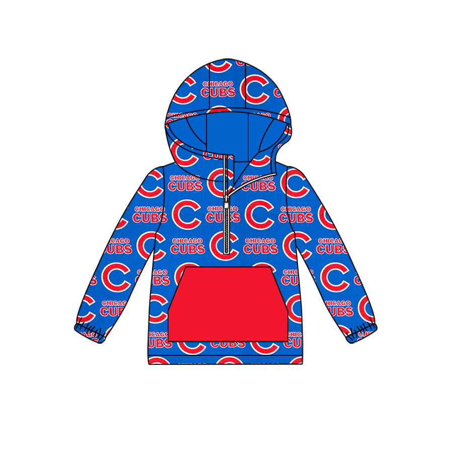 custom moq 3 eta 6-7weeks Blue and red lettering long sleeve zipper pocket hooded pullover