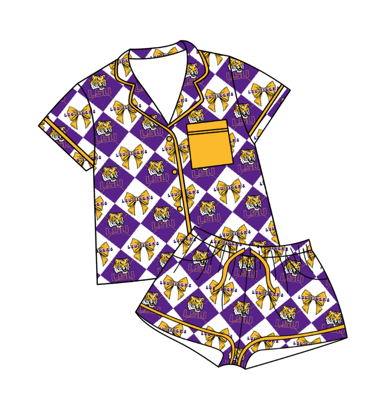Custom moq 5 mix size Purple Plaid Baby Pajamas Short-Sleeved Top And Shorts Team Outfit Comfortable Sleepwear for Infants