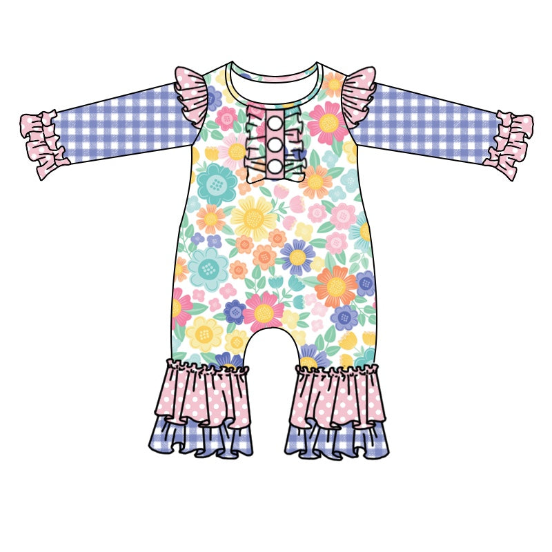 5.9custom each style moq 5eta 4-5week Sibling Sister flower print pink dot blue plaid girls set and baby romper match family design