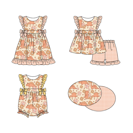 11.18 custom each style moq 5eta 4-6week Sibling Sister dinosaur floral baby girl short sleeve shorts sets and dress and rompers match family design