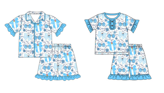 3.27 custom each style moq 5eta 4-6week Sibling Sister bow floral blue baby girls short sleeve set and set 2 match design