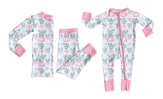 25.6.18 custom each style moq 5eta 4-6week Sibling Sisters pumpkin bow floral baby girl long sleeve pants sets and rompers match family design