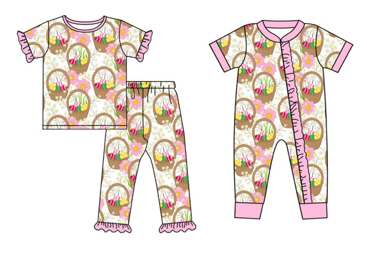 25.9.25 custom each style moq 8 eta 6-8week Sibling Sisters egg basket floral baby girl clothes short sleeve pants sets and romper match family design