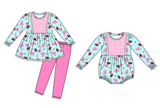 25.9.1 custom each style moq 5eta 4-6week Sibling Sisters boot baby girl clothes long sleeve pants sets and romper match family design