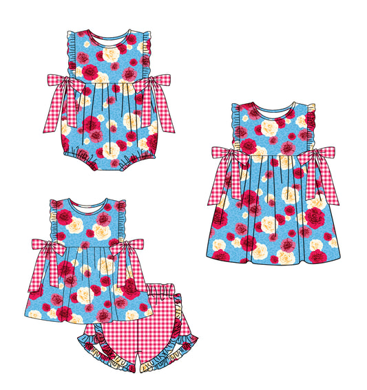 12.12 custom each style moq 5eta 4-6week Sibling Sister floral baby girl short sleeve shorts sets and dress and rompers match family design