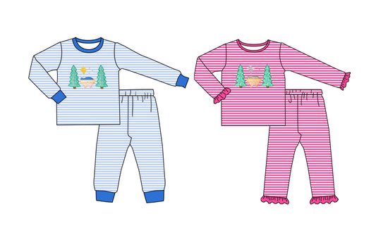 25.8.19 custom each style moq 5 eta 4-6week Sibling Sisters Christmas trees baby girl long sleeve pants sets 2