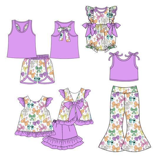25.10.13 custom each style moq 5 eta 6-8week Sibling Sisters bow purple baby girl short sleeve shorts sets 1 and sets 2 and pants sets and rompers match family design
