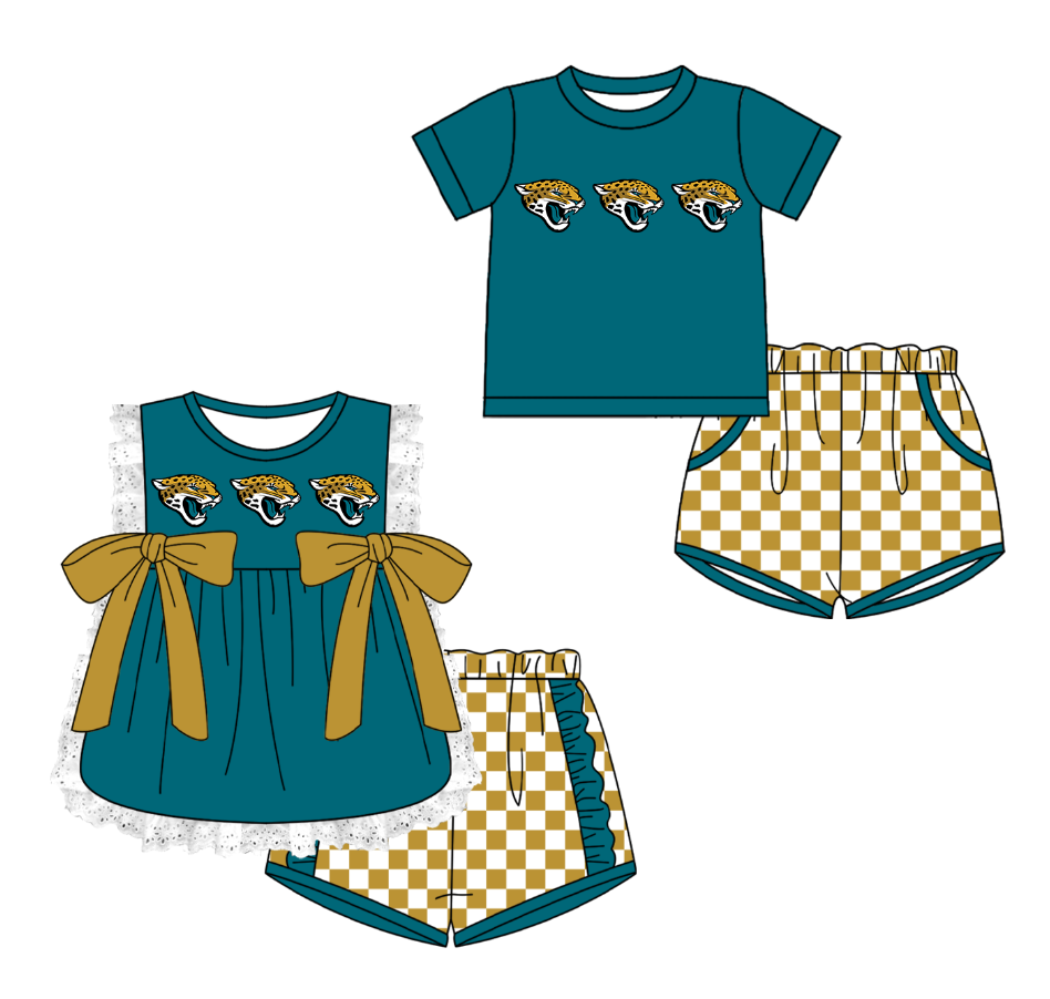 Custom moq 5 mix size milk silk summer teams Girl Sleeveless Top And Plaid Shorts Set with Bow Boy Short Sleeved Top And Plaid Shorts Set