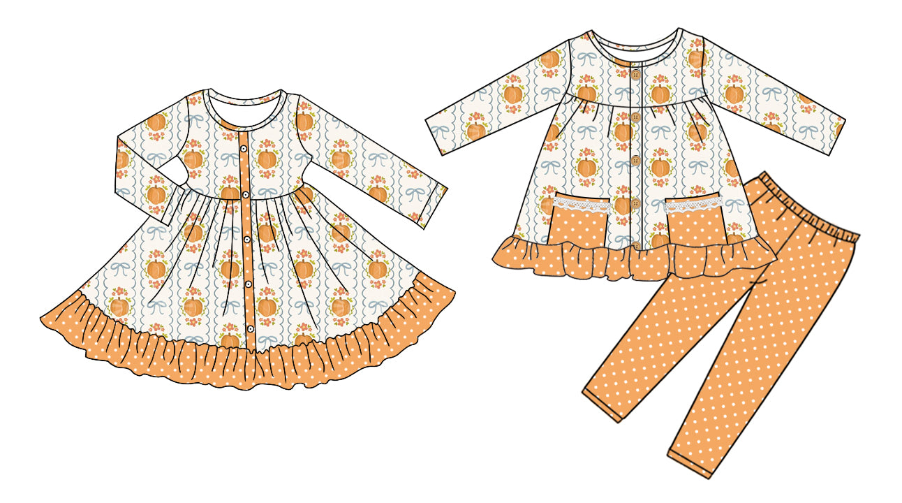 25.6.3 custom each style moq 5eta 4-6week Sibling Sisters pumpkin bow floral baby girl long sleeve pants sets and dress match family design