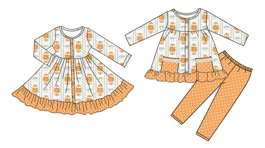 25.6.3 custom each style moq 5eta 4-6week Sibling Sisters pumpkin bow floral baby girl long sleeve pants sets and dress match family design