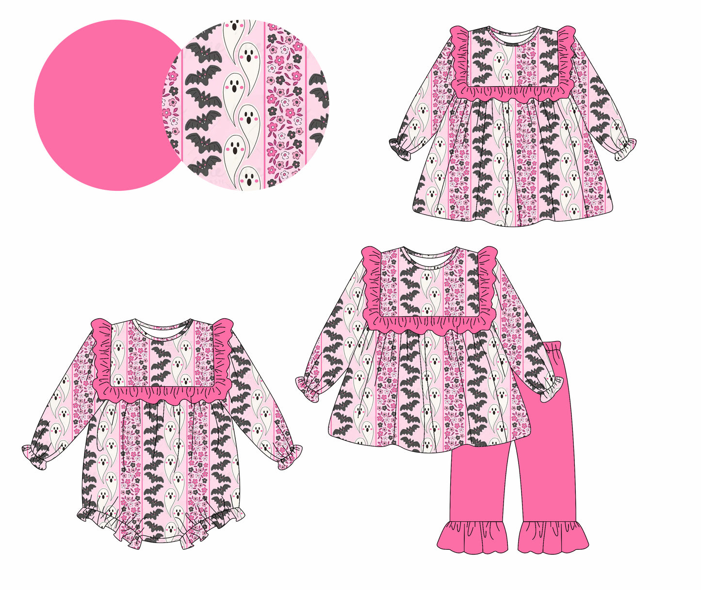 25.5.13 custom each style moq 5eta 4-6week Sibling Sisters ghost floral baby girl long sleeve pants sets and dress and rompers match family design