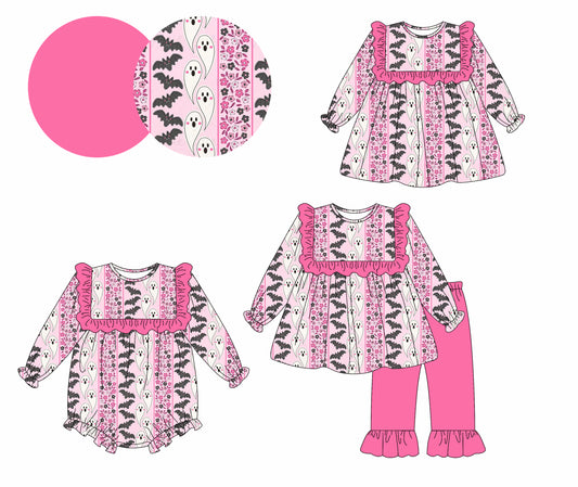 25.5.13 custom each style moq 5eta 4-6week Sibling Sisters ghost floral baby girl long sleeve pants sets and dress and rompers match family design