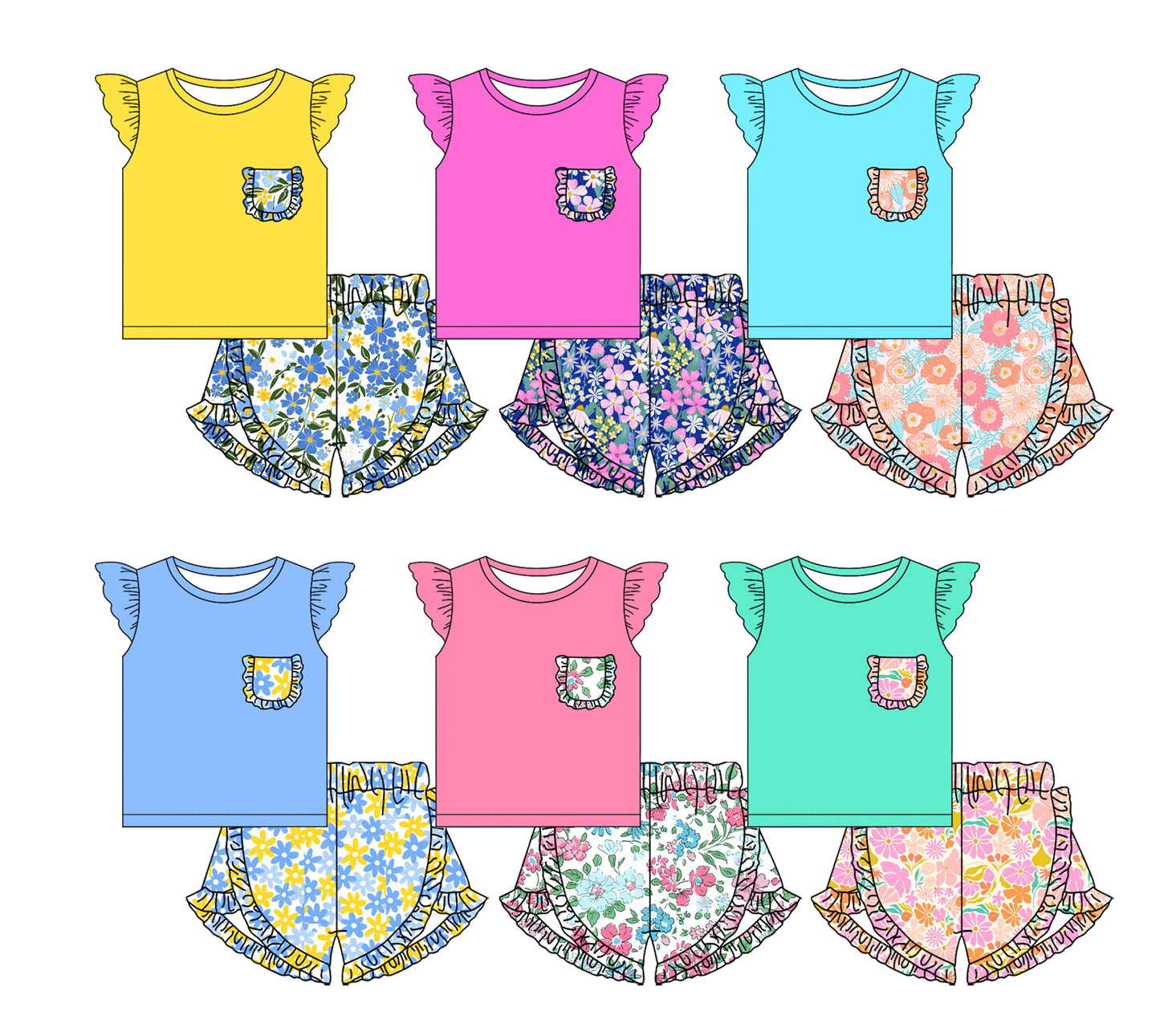 25.10.31 custom each style moq 5 eta 6-8week Sibling Sisters floral baby girl clothes short sleeve shorts sets 6 match family design