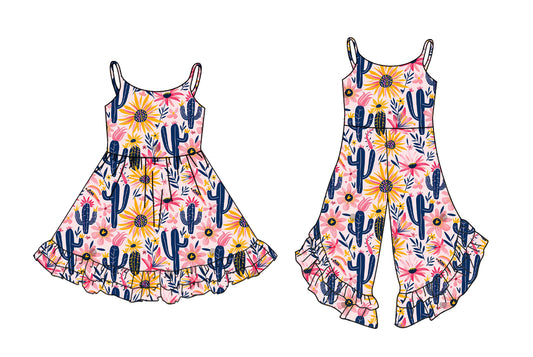3.1 custom each style moq 5eta 4-6week Sibling Sister catcus baby girl dress and jumpsuit match family design
