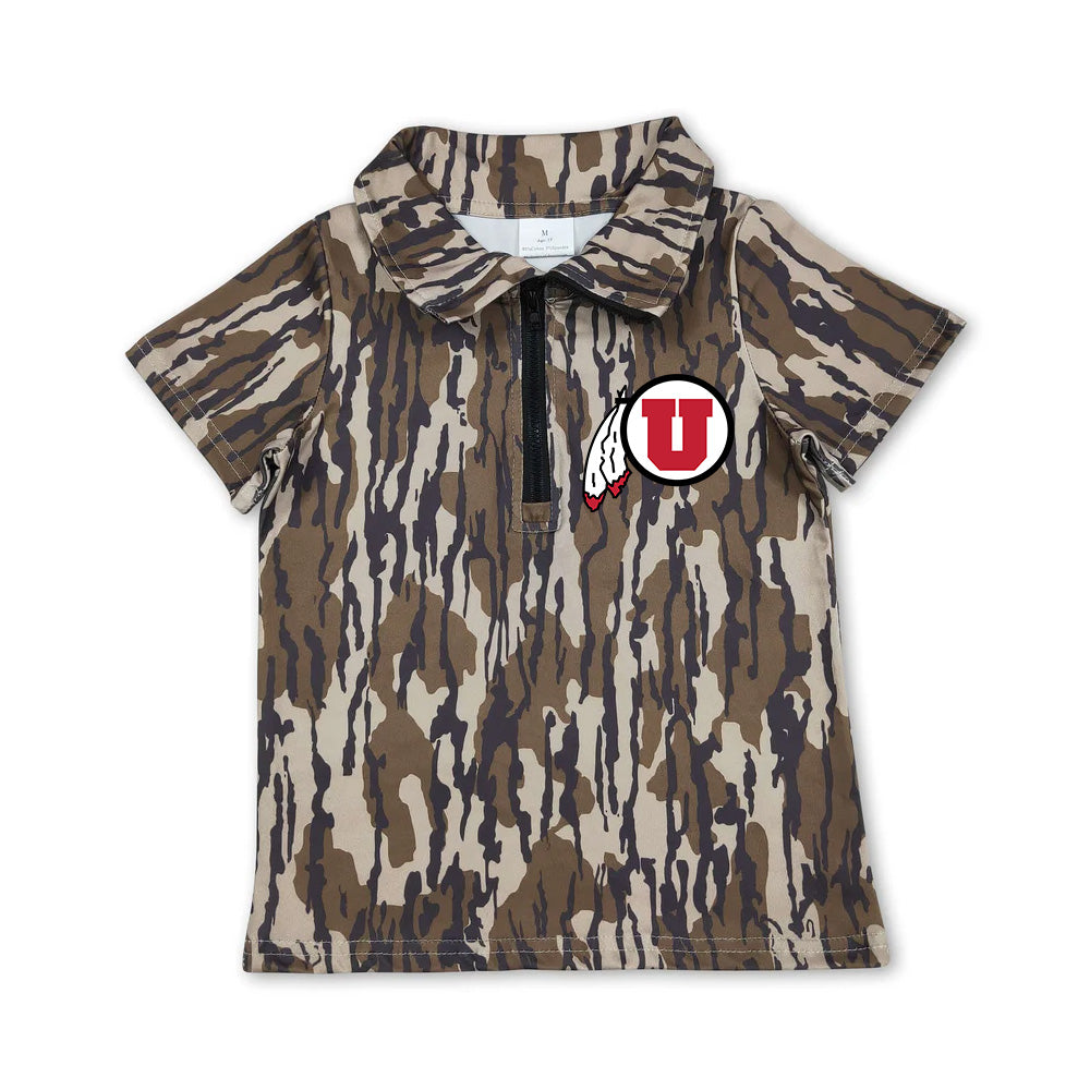 Custom moq 5 mix size milk silk summer teams Infant Boys Southern Olive Camo Short Sleeve Zipper Pullovers Top