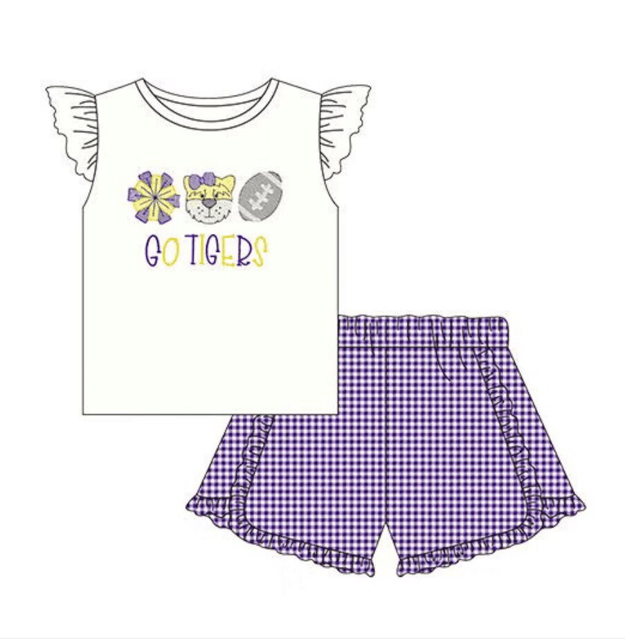 5.9custom each style moq 5eta 4-5week Sibling Sister GO TIGERS prints purple girls and boys set match family design