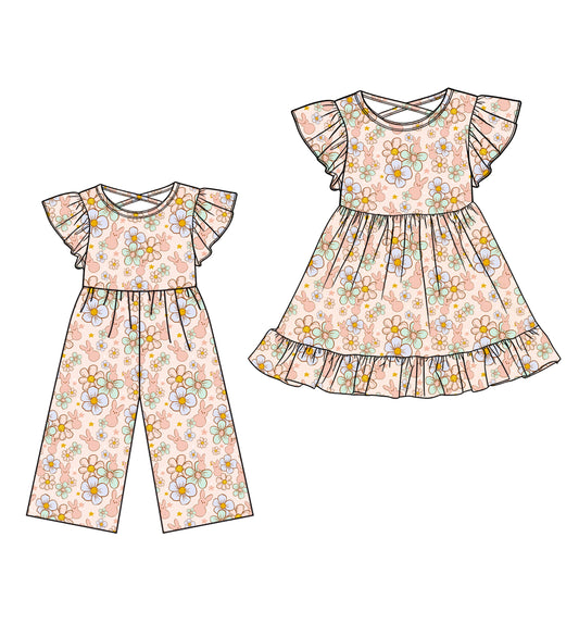 25.12.24 custom each style moq 5 eta 6-8week Sibling Sister bunny floral baby short sleeve dress and jumpsuit match design
