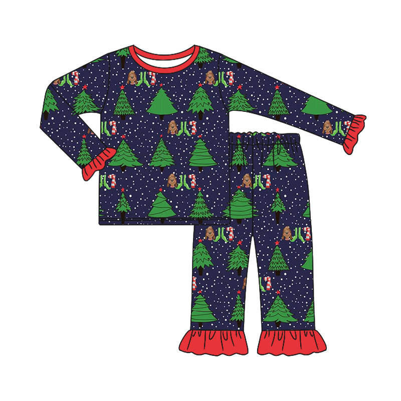 8.7 custom each style moq 5eta 4-6week Sibling Sister Christmas trees navy blue baby girls sets and rompers match family design