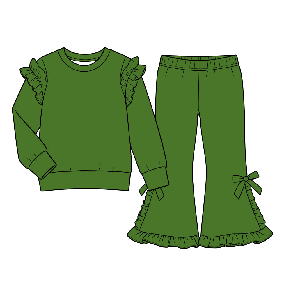 Custom moq 5  cotton fabric girls ruffle sets  solid color blank Olive green lace-trimmed long-sleeve sweatshirt and side-bow slight-flare pants set