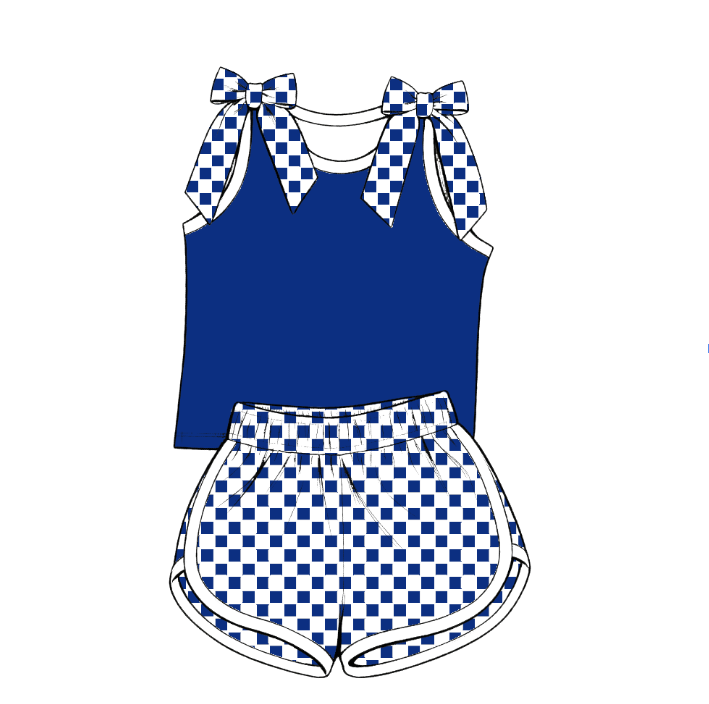 custom moq 5 mix size Baby Girls Checked Bow Sleeveless Top Shorts Summer Outfit Sets