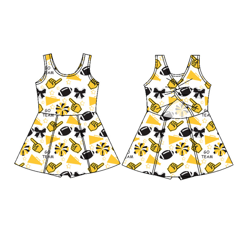 Custom moq 5 each style summer teams baby girls clothes team yellow hooded long sleeve tops and short sleeve top and dress and shorts-25.6.12