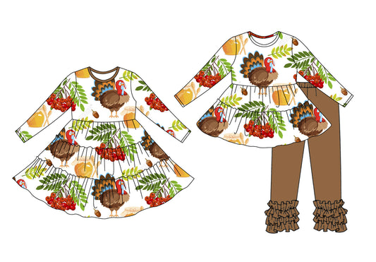 25.7.1 custom each style moq 5eta 4-6week Sibling Sisters pumpkin turkey baby girl long sleeve pants sets and dress match family design