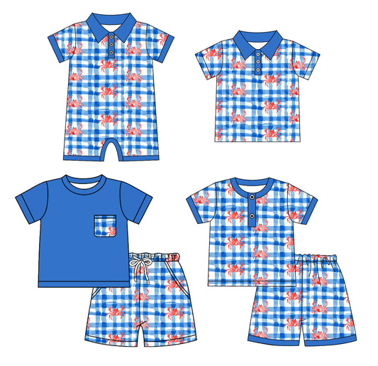 4.23 custom each style moq 5eta 4-6week Sibling Sister crab baby boy sets 1 and sets 2 and boy rompers and top match family design