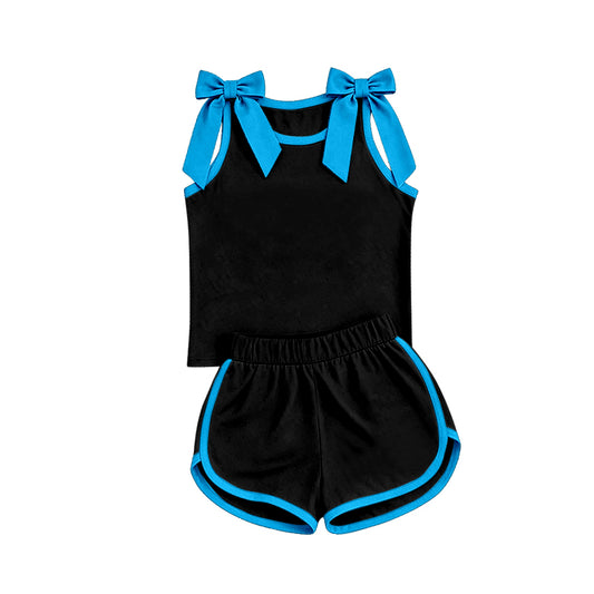 custom moq 5 mix size Baby Girls Light Blue Bow Sleeveless Black Top Shorts Team Athletic Set