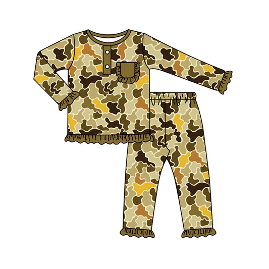 7.9 custom each style moq 5eta 4-6week Sibling Sister camouflage green baby girls sets and rompers match family design
