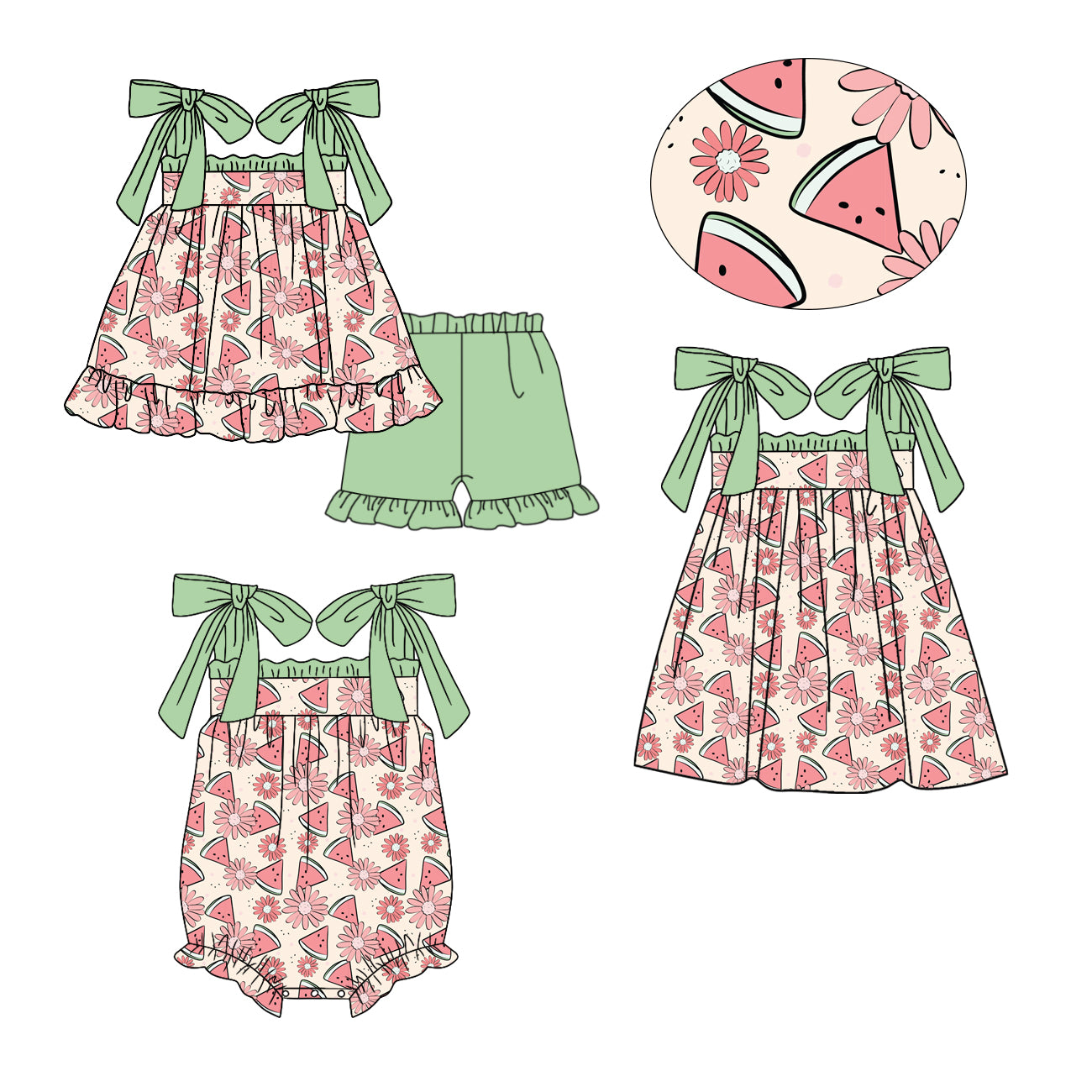 25.12.26 custom each style moq 5 eta 6-8week Sibling Sister watermelon baby short sleeve shorts sets and romper and dress match design