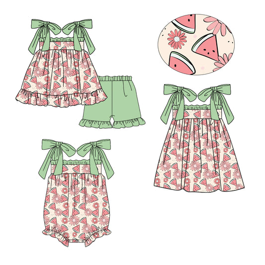 25.12.26 custom each style moq 5 eta 6-8week Sibling Sister watermelon baby short sleeve shorts sets and romper and dress match design