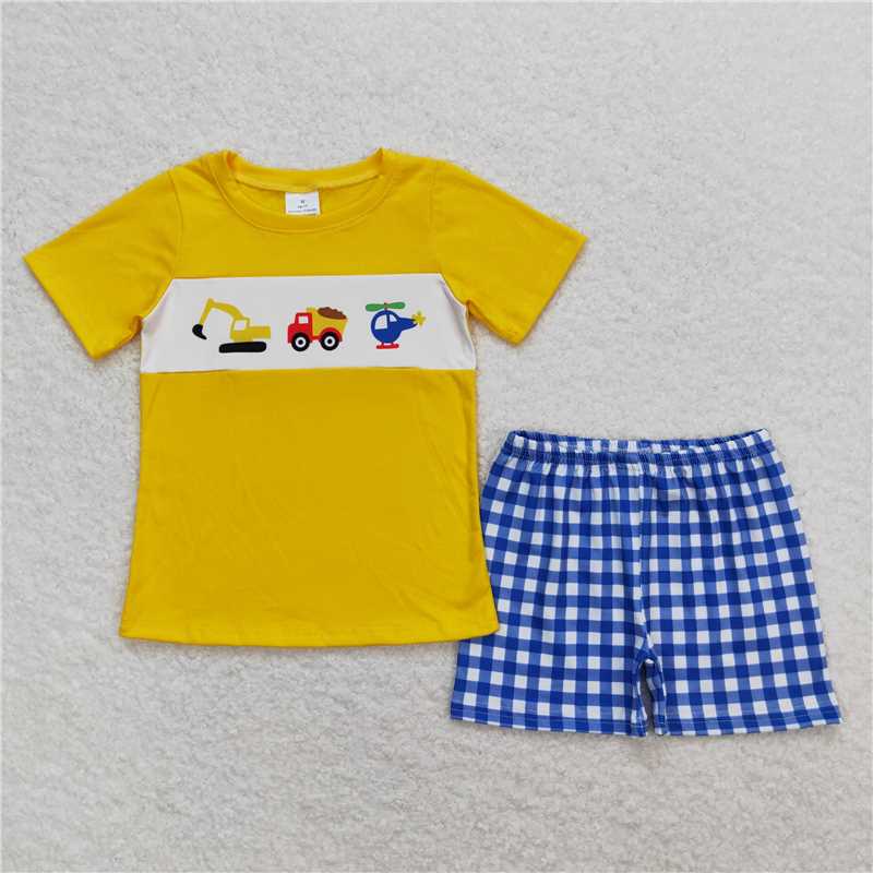 Baby boys excavator truck helicopter print yellow and blue plaid Sibling Sister Clothes Sets