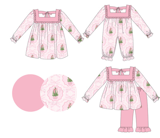 25.5.14 custom each style moq 5eta 4-6week Sibling Sisters Christmas trees baby girl long sleeve pants sets and dress and rompers match family design