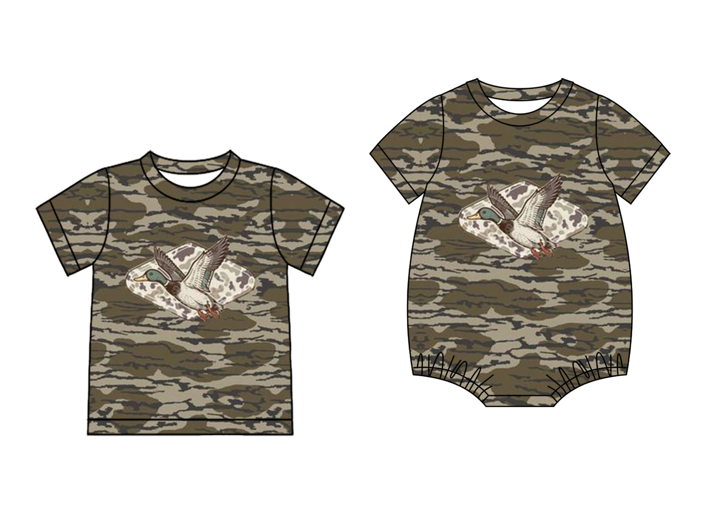 25.11.3 custom each style moq 5 eta 6-8 week Sibling Sister duck camouflage baby boy short sleeve top and rompers match family design