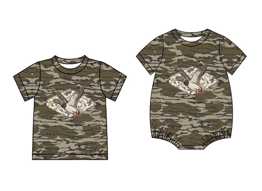 25.11.3 custom each style moq 5 eta 6-8 week Sibling Sister duck camouflage baby boy short sleeve top and rompers match family design