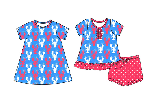 4.10 custom each style moq 5eta 4-6week Sibling Sister lobster baby girl short sleeve shorts sets and dresses match design